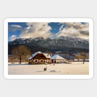 House by the mountains, winter time Sticker